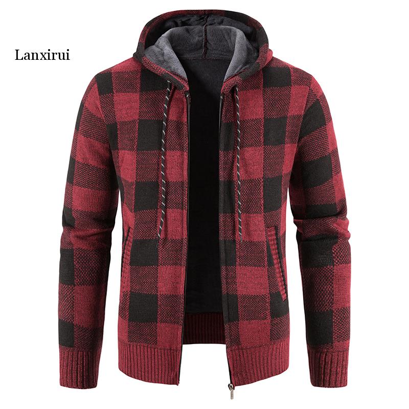 Autumn Winter Thick Cardigan Men&s Plaid Sweater Hooded Fashion Warm Slim fit Knitted Sweater Male Fleece Hoodies Co